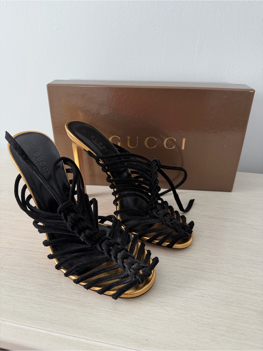 Gold & Black Gucci Strappy High Heel Sandals - Women